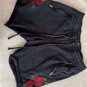 PacSun Black Cargo Shorts with Red Rose Embroidery